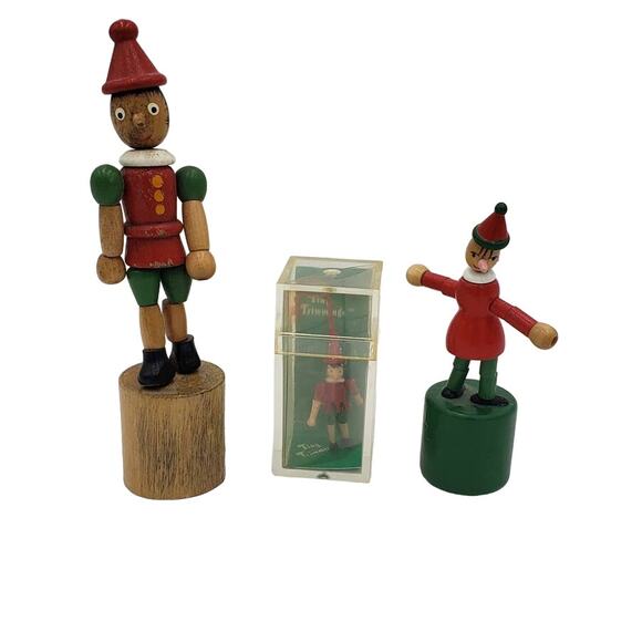 VTG Pinocchio Lot of 3 W/2 Wooden Pinocchio Collapsible Push Thumb and Ornament - Picture 1 of 13